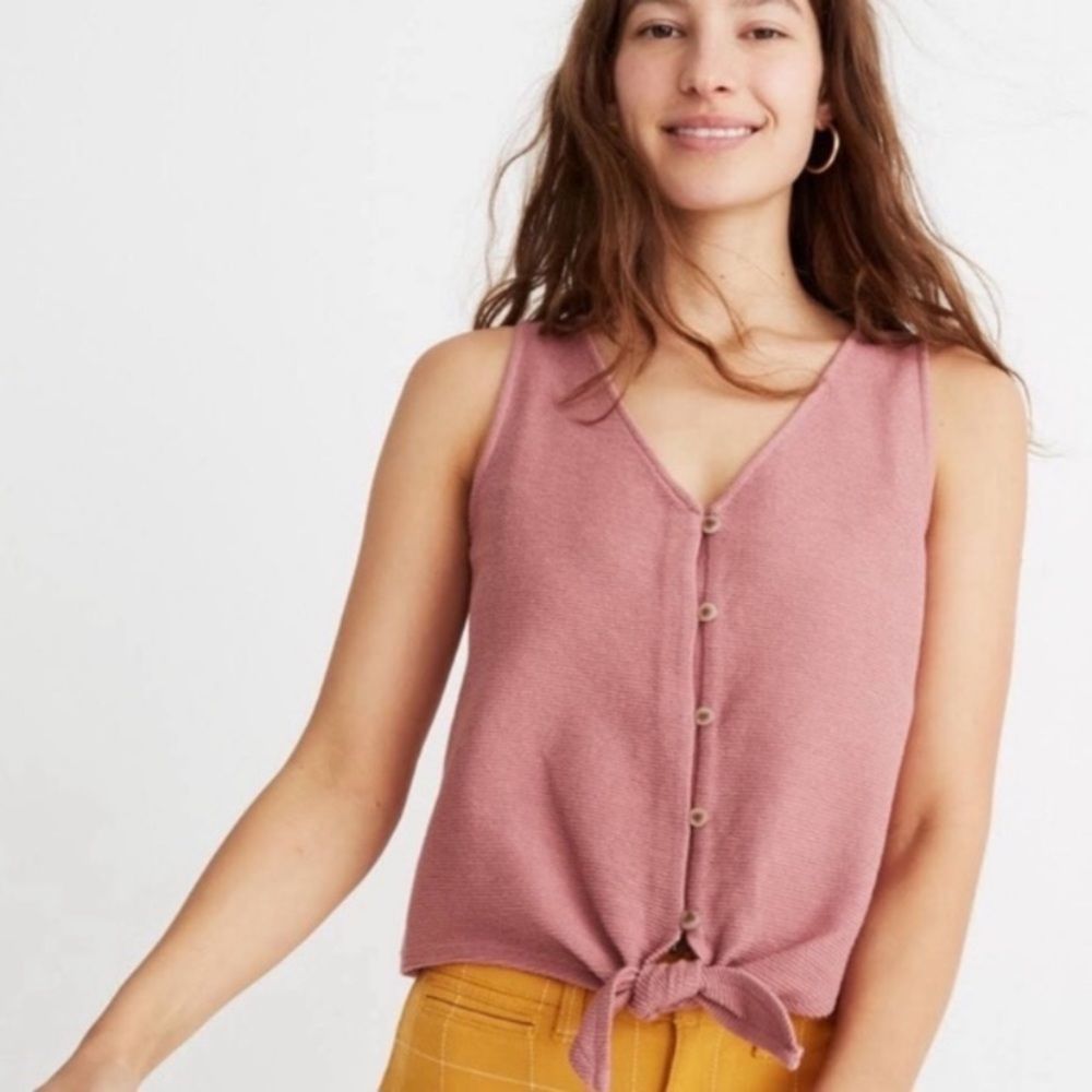 Madewell Pink V Neck Button Down Tie Waist Ribbed Summer Tank Top